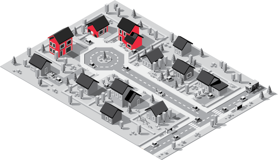 A small cul de sac in grayscale with three houses highlighted in red